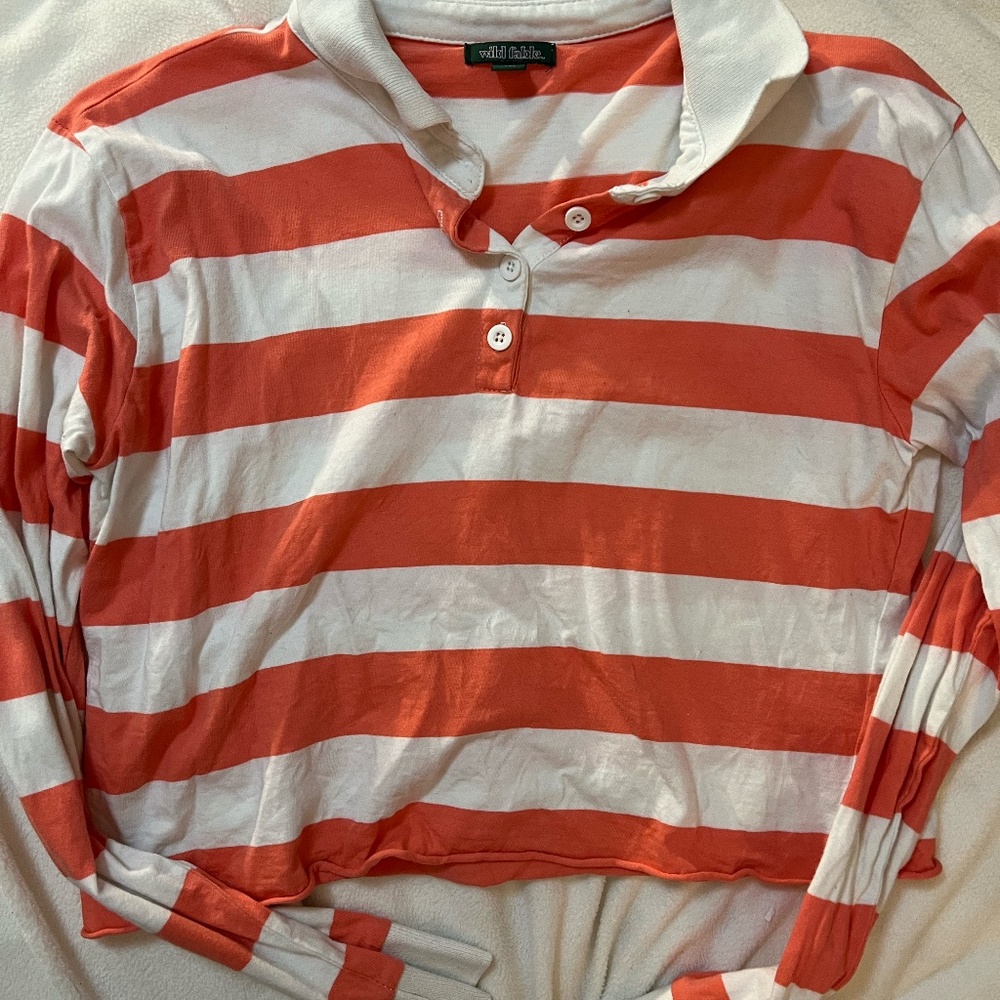 Small Pink and White Stripped Long Sleeve Cropped Polo Shirt